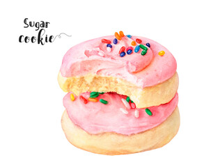 Watercolor illustration of sugar cookie dessert close up. Design template for packaging, menu, postcards.  PNG