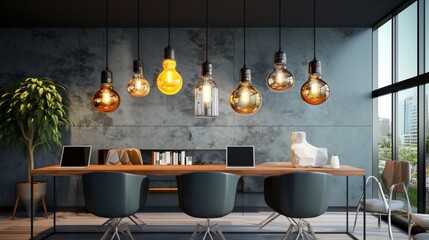 Retro pendant lights with light bulbs in the office - obrazy, fototapety, plakaty