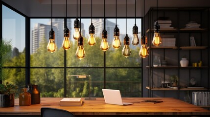 Retro pendant lights with light bulbs in the office - obrazy, fototapety, plakaty