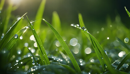 A close-up of green grass blades shows scattered water droplets adding sparkle, highlighting nature's intricate details in a captivating way