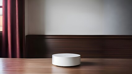 Fototapeta na wymiar a white device sitting on top of a wooden table, a round minimalist. generative ai