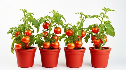 Fototapeta na wymiar Small bushes of cherry tomatoes grows in a flower pot. Home cultivated potted tomatoes on white background
