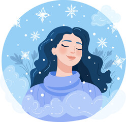 A girl in a cozy knitted sweater enjoying the snow. Winter mood. Falling Snowflakes. Hello Winter. Vector Illustration in Cartoon Style.