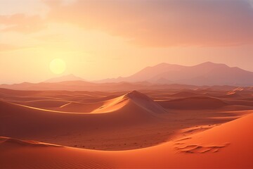 Fototapeta na wymiar A vast desert landscape at dawn, with rolling sand dunes stretching into the horizon. The first light of day paints the dunes in warm, soft hues. Desert_Dawn_Landscape_HD_Original.