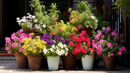 Fototapeta na wymiar Summer flower container display in patio container gardening ideas
