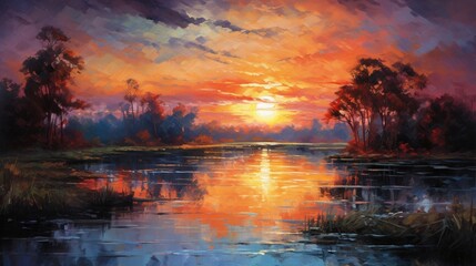 Sunset on the river oil painting
