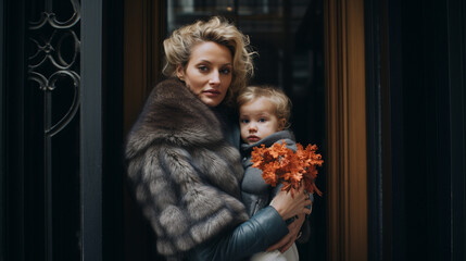 a vogue documentary photography of a stylish and extremely nobility blonde woman, in luxury coat and gloves, holding her daughter. 