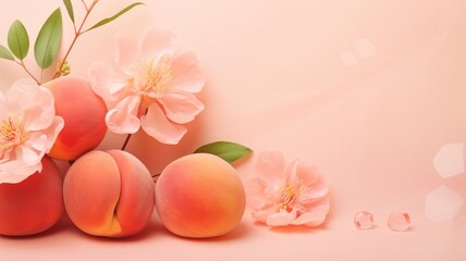 Peaches and peach blossoms on a light background with soft glow