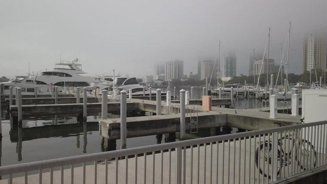 Pan left to right Vinoy Basin Saint Petersburg Florida with boats, docks and city skyline with low fog early morning. 