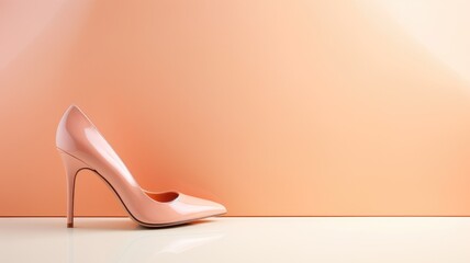 A sleek peach-colored high heel shoe on a gradient orange background