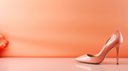 A glossy peach high-heeled shoe with a rose decoration on a gradient background - obrazy, fototapety, plakaty