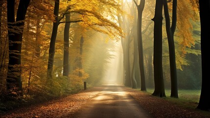 Treelined footpath in morning fog in autumn colored forest