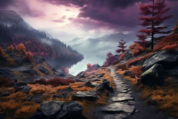 A rocky path ascends to a high vantage point, showcasing a serene lake surrounded by autumnal forests and purple-tinged clouds. RockyAscend_HDlandscape.