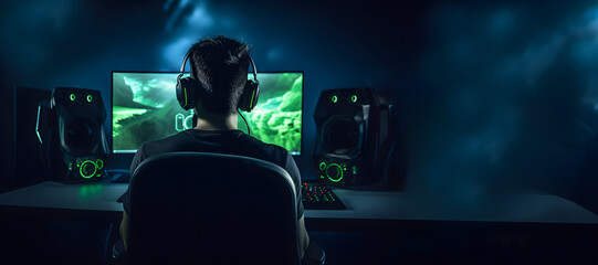 Intense Focus - Gamer Engaged in E-Sports Tournament - Hero Image with Negative Copy Space