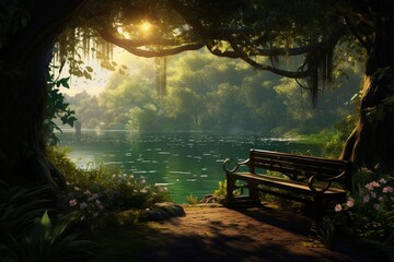 A secluded nook by the lakeside trail, where sunlight filters through the emerald canopy, casting enchanting shadows. Tranquil ambiance. EmeraldShadows.