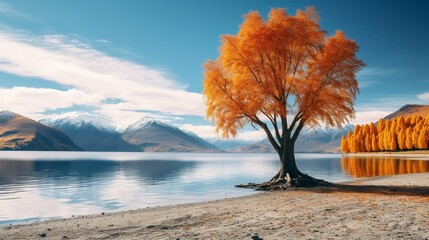 Wanaka Tree Southern Alps and autumn leaves standing on Lake Wanaka in New Zealand - obrazy, fototapety, plakaty