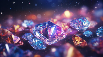 Diamants sur fond avec paillettes et particules scintillantes. Fond pour bannière, conception et création graphique.