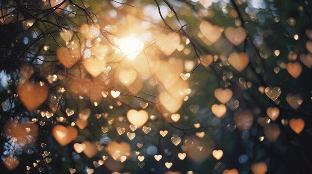 Reflet de lumière en forme de coeur. Fond d'un coucher de soleil, arbre et lumière. Fond pour bannière, conception et création graphique. © FlyStun