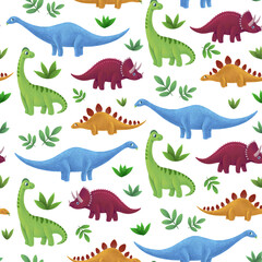 Dinosaurs seamless pattern. Cute dinos children illustration. Isolated on transparent background