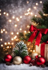 Fototapeta na wymiar wonderful red christmas balls, a christmas tree, a red ribbon and snow - for christmas cards and christmas related topics