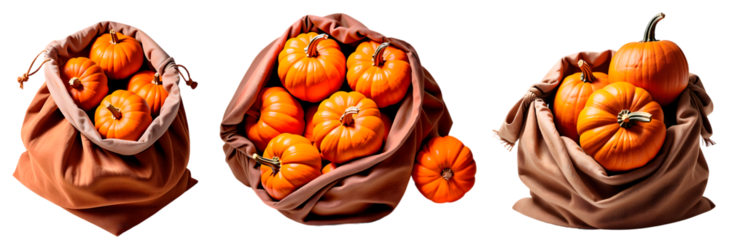 Conjunto com vários sacos de pano cheio de abóboras. grupo com sacolas de tecido com varias abóboras dentro, isolado em fundo transparente.