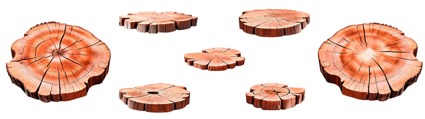 Conjunto de cepos de madeira fino isolado, em fundo transparente - Grupo de pódios para exposição de produtos, objetos e embalagens.
