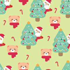 Fototapeta premium Seamless pattern cartoon Santa with Christmas tree and element. Cute Christmas wallpaper for card, gift wrap paper