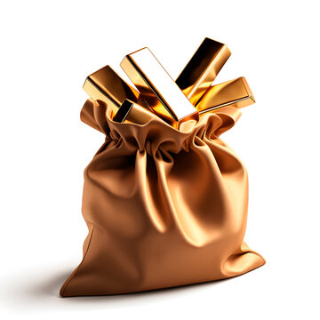 Saco com barras de ouro. Sacola de pano com lingotes de ouro dentro.