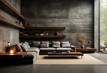 Modern and Spacious Living Room with Dark Grey Sofa and Wooden Accents