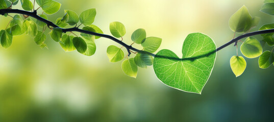 Green Leaf in the Shape of Heart Hanging on Branch, Love Nature Concept 