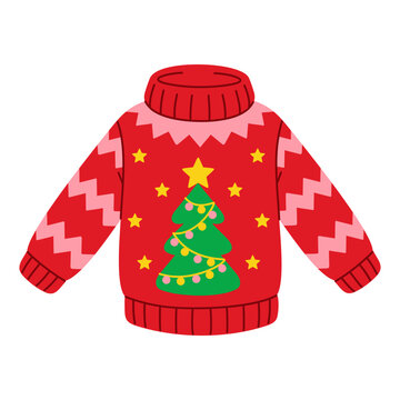 Christmas ugly sweater with Xmas tree. New Year funny jumper with decorated a spruce in cartoon flat style. Isolated festive winter clothes vector illustration on a white background for holiday design