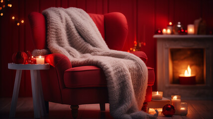 Сozy red chair with white blanket candles and fireplace Christmas mood Cozy family atmosphere