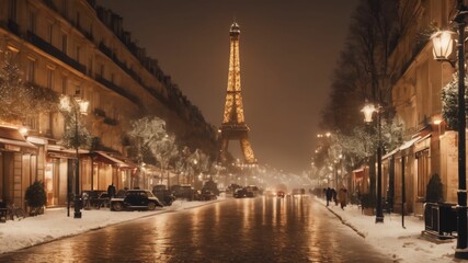 street in winter Eiffel Tower Paris.Created with Generative Ai technology