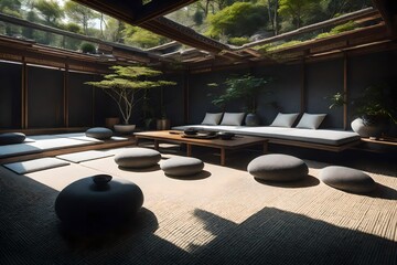 Fototapeta premium An uncluttered meditation space featuring a peaceful rock garden, tatami mats, and minimalistic seating