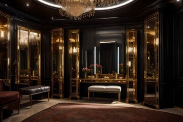 An extravagant dressing room with a vintage vanity, Hollywood-style mirrors, and a luxurious seating area