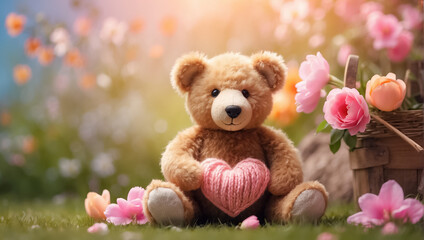 Cute funny toy bear with a knitted heart in a meadow with flowers romantic - obrazy, fototapety, plakaty