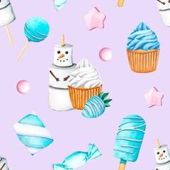 Seamless pattern with cupcake white cream, strawberry with glaze blue chocolate. Sweet summer dessert, popsicle, muffin, ice cream cone and marshmallow snowman. Watercolor illustration for design