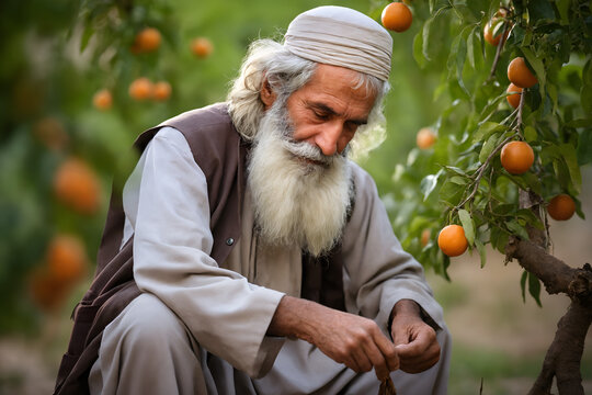 A Content Pashtun Senior Man contemplating next to a fruitful tree, with a green environment as the background