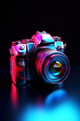 Fototapeta na wymiar Glamorous compact digital camera with pink tint on dark background