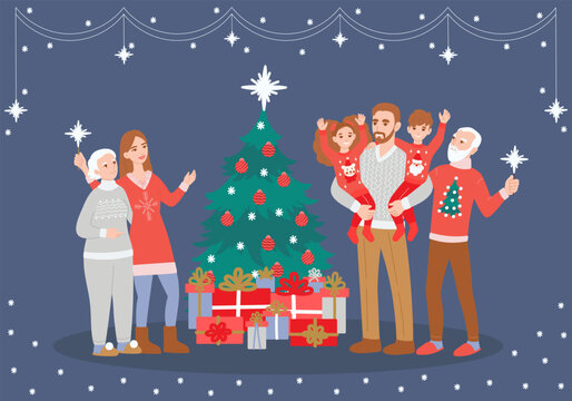 Family celebrating Christmas concept with character scene. Happy grandparents, mother, father and kids in cute ugly sweaters with sparklers by festive tree. Vector illustration in flat cartoon design