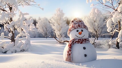 Obraz premium A Closed-Up Shot of A Happy Snowman on a sunny winter day.