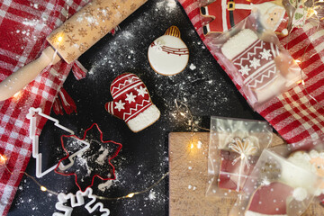Top down view of gingerbread Christmas cookies cinnamon handmade cookies decoration