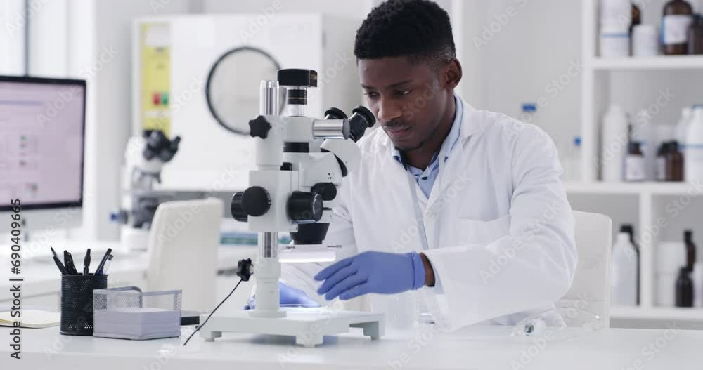 Aufkleber science, microscope and study with man and sample in laboratory for experiment, vaccine and healthca