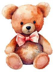 Watercolor illustration of a teddy bear. Transparent background, png. Ai generated.