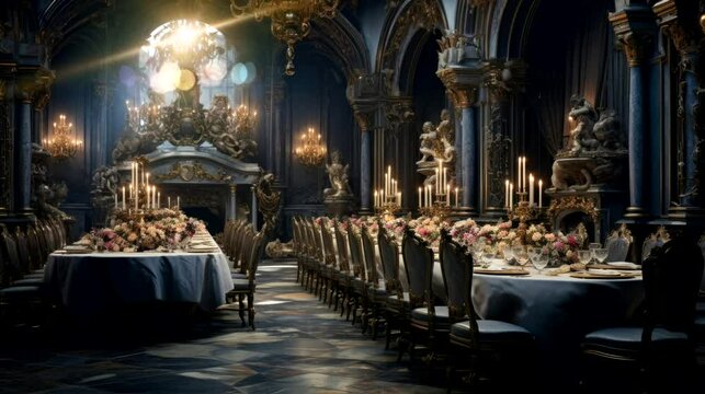 Luxury classic dining table room interior on castle or palace with candle, lamp,  classic chair animation video looping background generative ai