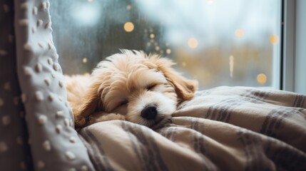 Generative AI, cute dog sleeping on cozy warm blanket near the window, hygge style
