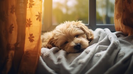 Generative AI, cute dog sleeping on cozy warm blanket near the window, hygge style