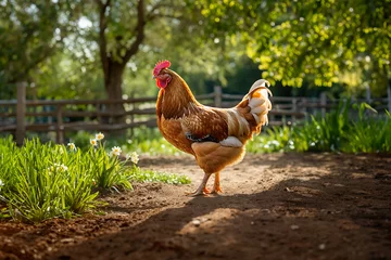 Tuinposter Range chicken in the farm - Generative AI © alpermer