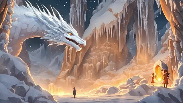 Deep heart icecovered mountain, there lies secret cavern. center stands magnificent dragon with shimmering silver scales, surrounded piles shimmering crystals glowing 2d animation