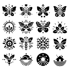 black and white butterfly icon set